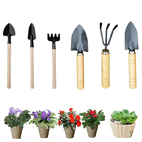 Mini Holzgriff Eisen Gartenwerkzeug Set, Mini Gartenwerkzeugen Schaufel, Gartenwerkzeug-Set, 6 Stücke Geeignet für Gartenutensilien wie Blumen Pflanzen, Umpflanzen und Erde Auflockern von Butyeak