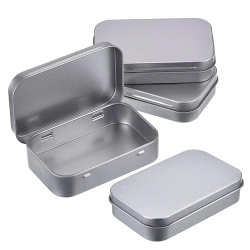 Scharnierdosen Boxen, Silberne Metall-Aufbewahrungsbox, Metalldosen rechteckig leere, Metal Tin Box, 4 Stück Blechdosen mit Deckel, Aufbewahrungsbox für Zuhause für Süßigkeiten, Schlüsselund Mehr von Butyeak