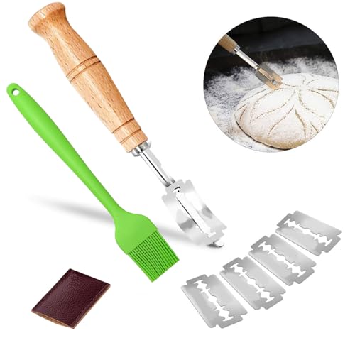 Teigmesser, Bäckermesser, Teig Rasiermesser, Brot Schneide Werkzeug, Baguettemesser, Scoring Tool Set, Gebogene Brotmesser Edelstahl, Küche Pastry Brush, mit 5 Ersat Blättern, für DIY Brotteig Muster von Butyeak