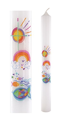 Bunte Taufkerze mit den christlichen Symbolen Kreuz, Fisch und Regenbogen. Kindlich verspieltes Kerzendesign. Taufgeschenk für Jungen und Mädchen. von Butzon & Bercker