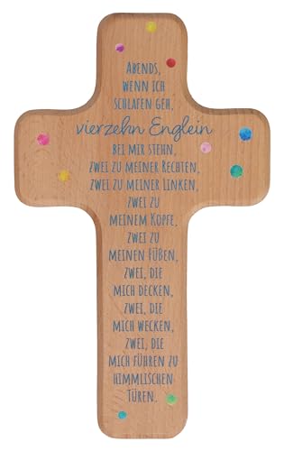 Butzon & Bercker Kinderkreuz aus Buche Vierzehn Englein 18x11cm – farbig bedruckt mit christlichen Symbolen – modernes Holzkreuz zur Taufe, Kommunion, Einschulung von Butzon & Bercker