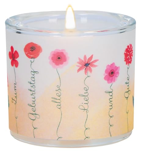 Butzon & Bercker Glaswindlicht Zum Geburtstag Alles Liebe und Gute. Romantisches, hochwertiges Kerzenglas mit Blumenmotiv in Rot und Glückwunsch, im Format 6 x 6,5 cm. Ideal als kleines Geschenk von Butzon & Bercker