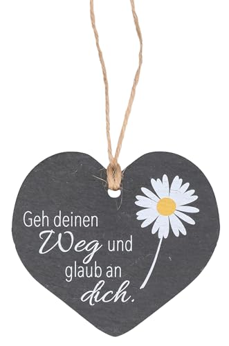 Butzon & Bercker Herzanhänger aus Schiefer – GEH deinen Weg und Glaub an Dich. Herzförmige, hochwertige Wand-Deko aus Schiefer zum Aufhängen mit Blume und Spruch im Format 7,6 x 8,5 cm von Butzon & Bercker