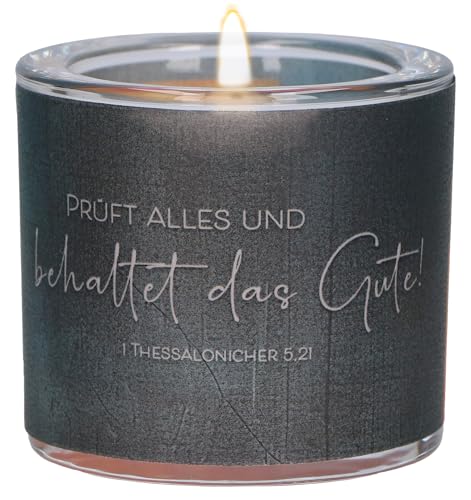 Butzon & Bercker Lichtmomente Teelichthalter Jahreslosung 2025 – mundgeblasenes Glas mit Bibelvers 1. Thess 5,21, inkl. Teelicht & Geschenkverpackung – christliches Geschenk fürs Neue Jahr von Butzon & Bercker
