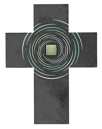 Butzon & Bercker Schiefer-Kreuz mit grünem Mosaikstein und konzentrischen Kreisen - Der Weg nach Innen in Geschenkverpackung, Maße 13 x 17 cm von Butzon & Bercker
