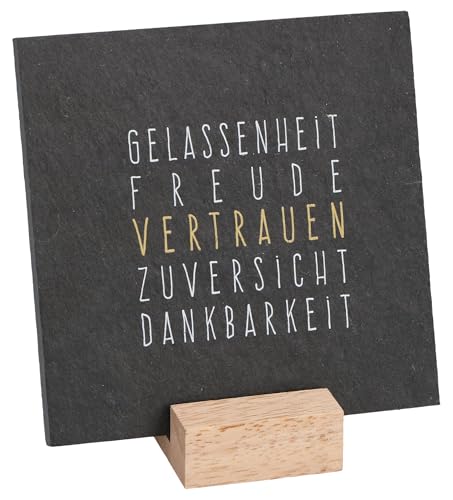 Butzon & Bercker Schiefer-Schild mit Motivationsspruch zum Aufstellen "Gelassenheit" – Bedrucktes Spruchschild aus Schiefer auf stabilem Holzsockel, 10 x 10 cm, Deko-Schild als christliches Geschenk von Butzon & Bercker