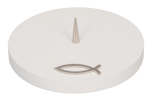 Butzon & Bercker Symbolleuchter aus Buchenholz. Dekorativer Kerzenteller aus Buchenholz mit Messingdorn für Kerzen bis 80 mm Durchmesser, geschmückt mit dem christlichen Fisch-Symbol von Butzon & Bercker