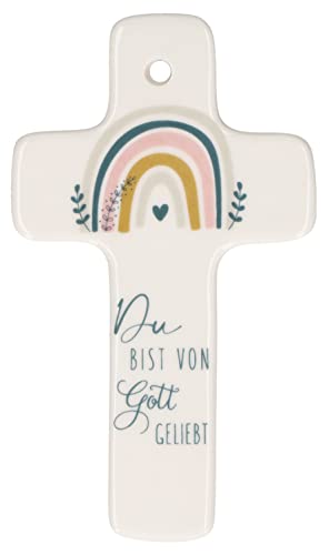 Butzon & Bercker Weißes Porzellan-Kreuz mit christlichem Motiv und Segensspruch; Kinderkreuz zur Taufe oder Erstkommunion, Maße 6,5 x 11 cm, mit Geschenkverpackung (Regenbogen (Geliebt)) von Butzon & Bercker