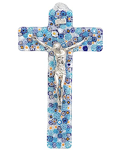 Motivationsgeschenke by Butzon & Bercker Kruzifix Jesus Christus | 23cm Wandkreuz Floral Blau | Murano Glas | Metall Corpus Silber | Glaskreuz | Moderne christliche Dekoration | (Floral, blau 23x14cm) von Butzon & Bercker