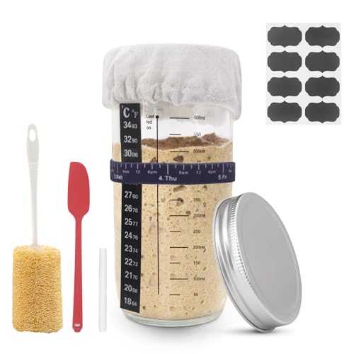 8PCS Sauerteig Starter Set, 730ml Sauerteig Glas, Sauerteig-Starterglas mit Silikonspatel, Ausgestattet mit Tuchabdeckung, Thermometer, Reinigungsbürste, Mehldose, Sauerteigstarter Brotbackabdeckung von Buwico