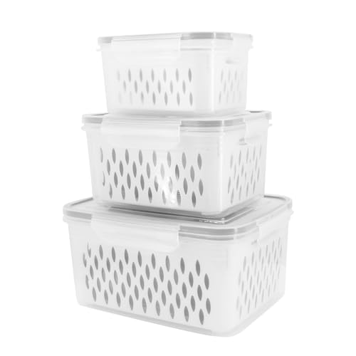 Buwico Frischhaltedosen für Obst Gemüse, 3 Stück Kühlschrank Organizer, Food Storage Aufbewahrung mit Deckel, Kühlschrankdosen mit Ablauf, Weiß von Buwico