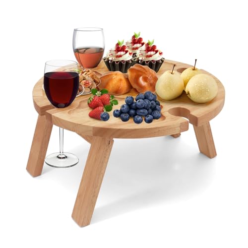 Buwico Klappbarer Picknicktisch aus Holz, Faltbarer Picknicktisch, mit Rotweinglashalter, Outdoor Weintisch Picknicktisch Klappbar Kleiner Strandtisch für Garten Reisen Camping Picknick Strand von Buwico