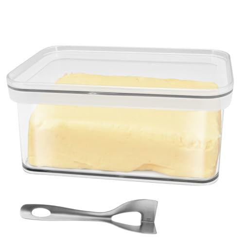 Große Butterdose mit Buttermesser, Butter-Behälter Kunststoff mit Deckel, Butterglocke Nachhaltiger, Buttertupperware Butterschale Transparent, Multifunktionales Butterbox für Haushalt und Küche von Buwico