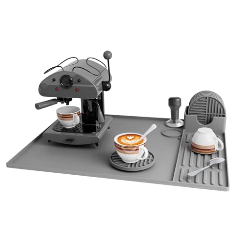 Kaffeemaschine Unterlage,55X43cm Große Kaffeemaschine Abtropfmatte,Silikon Anti Rutsch Geschirrabtropfmatten,Untersetzer mit Erhöhten Kanten,Kaffeebar Matte für Arbeitsplatten Abtropfmatte (Grau) von Buwico