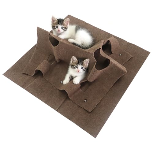 Premium Katzenteppich mit integriertem Tunnel, Interaktives Katzenspielzeug und Beschäftigungsset, 100x100cm Intelligenzspielzeug für Katzen, Trainingsmatte für Großkatzen & Kätzchen (Brown) von Buwico
