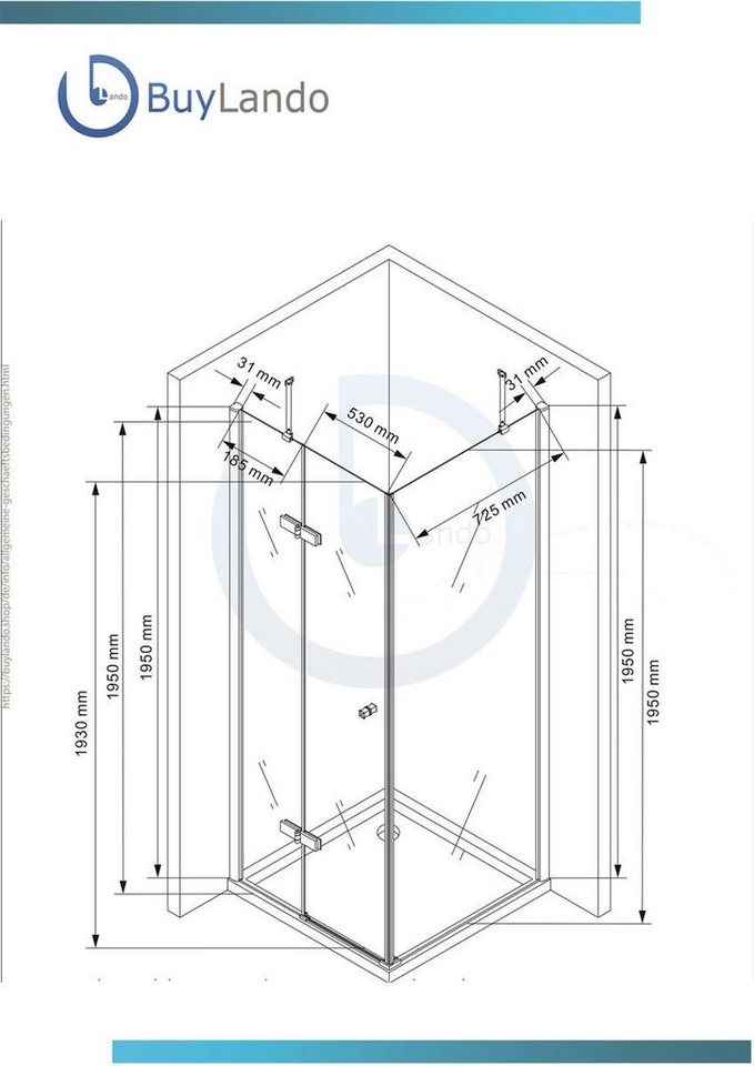 BuyLando.Shop Eckdusche BuyLando.Shop Eckdusche Duschkabine Anna 80x80x195cm / 8mm / ohne von BuyLando.Shop