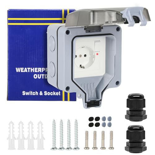 BuyWeek Aussensteckdose Wasserdicht IP66 Gartensteckdose mit Schalter Kontrollleuchte 1-Fach Wandsteckdose Feuchtraum Steckdose Aufputz mit Klappdeckel für Garten Garage Badezimmer Außenbereich von BuyWeek