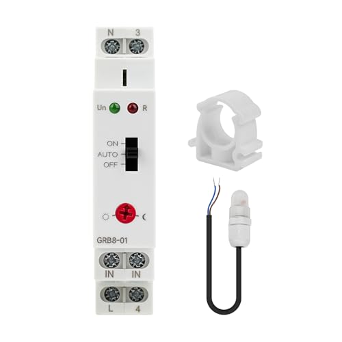 BuyWeek GRB8-01 Lichtsensor Relais Optoelektronische Zeitschaltuhr Haushalts-Wechselstromschütz DIN-Schienenhalterung AC110V-240V Treppenlichtzeitschalter Lichtempfindlichkeit 1-100Lx von BuyWeek