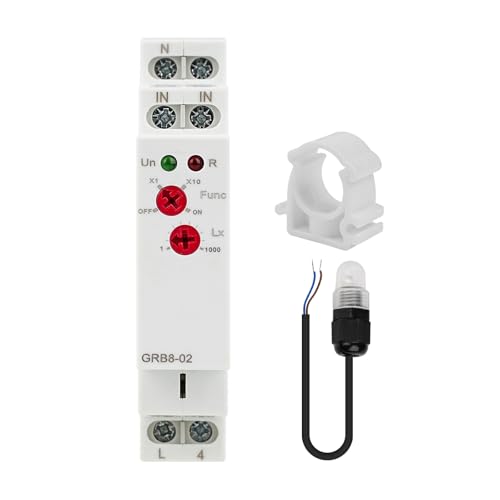 BuyWeek GRB8-02 Lichtsensor Relais DIN-Schienenhalterung Optoelektronische Zeitschaltuhr Haushalts-Wechselstromschütz AC110V-240V Treppenlichtzeitschalter Lichtempfindlichkeit 1-1000Lx/10-10000Lx von BuyWeek