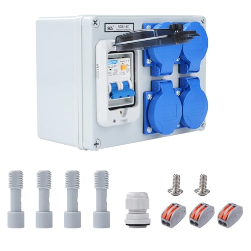 Buyweek Baustromverteiler 16A 250V Wandverteiler 2-Polig Stromverteiler IP54 Wasserdicht Baustromverteiler mit 63A 1P+N FI Schalter, mit 4 Schuko-Steckdose Starkstrom Verteiler von BuyWeek