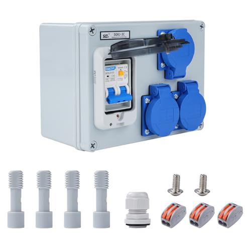 Buyweek Baustromverteiler 16A 250V Wandverteiler 2-Polig Stromverteiler IP54 Wasserdicht FI Schalter Stromverteiler mit 50A 1P+N Auslaufschutz und 3 Schuko-Steckdosen, Starkstrom Verteiler von BuyWeek