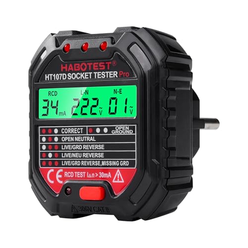 Buyweek Steckdosentester mit RCD-Prüfung Spannungsprüfer mit LCD-Display FI Tester 6 Arten von Fehlerdiagnose, Leckspannungs und Frequenzanzeige, 90-250V/45-65Hz, CAT II 300V von BuyWeek