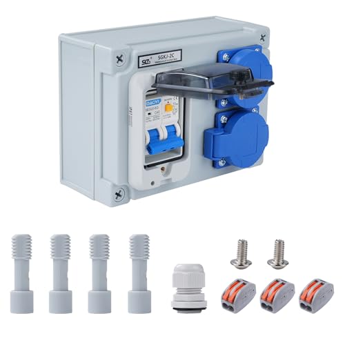 Buyweek Wandverteiler 16A 250V Baustromverteiler 2-Polig Stromverteiler IP54 Wasserdicht Baustromverteiler mit 32A 1P+N FI Schalter Starkstrom Verteiler mit 2 Schuko-Steckdosen von BuyWeek