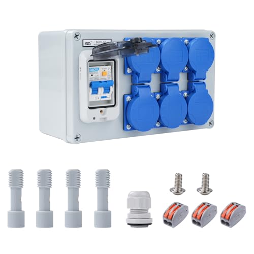 Buyweek Wandverteiler 16A 250V Baustromverteiler 2-Polig Stromverteiler IP54 Wasserdicht Baustromverteiler mit 63A 1P+N FI Schalter Starkstrom Verteiler mit 6 Schuko-Steckdosen von BuyWeek