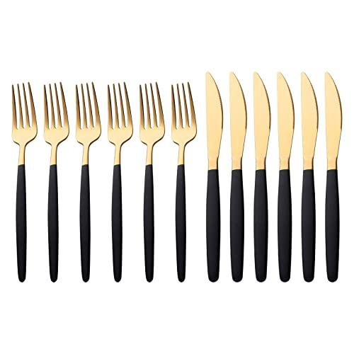 Buyer Star 12 Stück Schwarz Gold Steakmesser und Gabel Set für 6 Personen, Edelstahl Steak Besteck Set Langlebige Schneide Spülmaschinenfest von Buyer Star