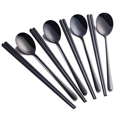 Buyer Star 4 Sätze Korean Essstäbchen Koreanische Stäbchen Löffel Schwarz Edelstahl Chopsticks Spoons für 4 Personen von Buyer Star