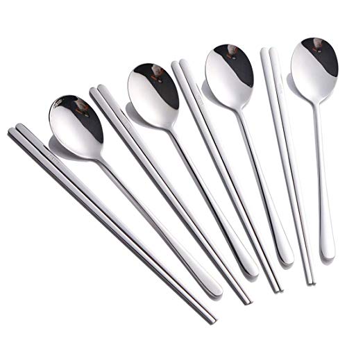 Buyer Star 4 Sätze flaches Essstäbchen Koreanischer Löffel 8 Stück Rostfreier Stahl Stäbchen Löffel Edelstahl Löffel Set (Silber) von Buyer Star