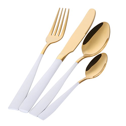 Buyer Star 4 Stück Gold Besteck, Golden Besteckset Utensilien mit Weiß Griff Edelstahl Besteck Geschirr, Messer und Gabel Löffel Teelöffel von Buyer Star