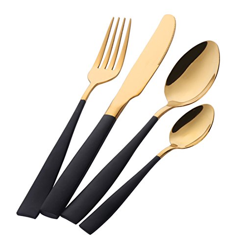 Buyer Star 4 STK Edelstahl Besteck Set Gold Cutlery mit Schwarz Griff Wiederverwendbares Besteckset von Buyer Star