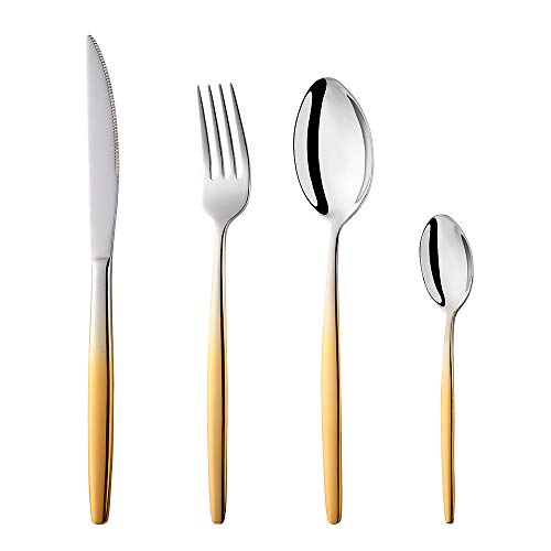 Buyer Star Besteck Gradient Gold Besteck set 4-teilige Edelstahl Gabeln Löffel Teelöffel Steakmesser für 1 Personen Cutlery Set für Haus Küche Restaurant von Buyer Star
