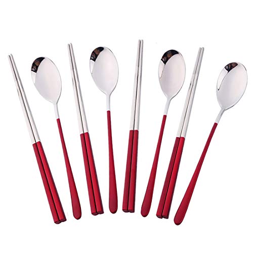 Buyer Star Essstäbchen Löffel Set Rot Edelstahl Chopsticks Spoons 4 Sätze Sushi Essstäbchen Suppenlöffel Abendessen Geschirr von Buyer Star