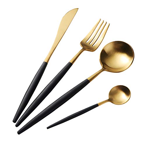 Buyer Star Gold Besteck Edelstahl Golden Messer Gabel mit Schwarz Griff Geschirr Set Utensilien Cutlery Besteckset for 1 von Buyer Star