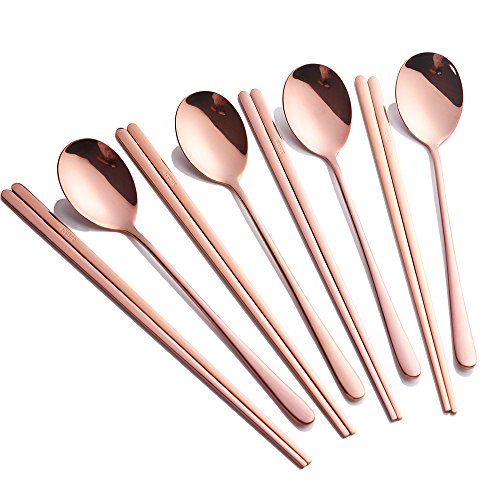 Buyer Star Korean Stäbchen Chopsticks Spoons 4 Set Roségold Edelstahl Flach Essstäbchen und Löffel Set von Buyer Star