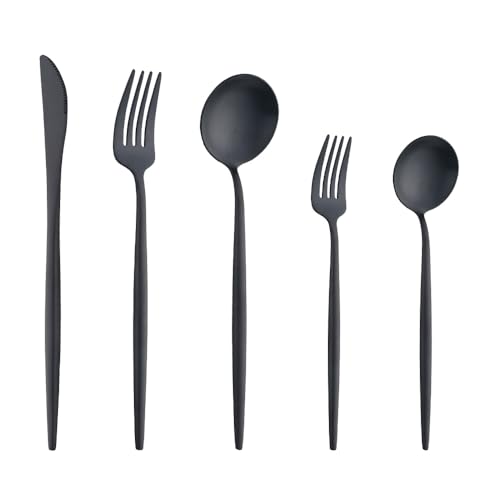 Buyer Star Matte Schwarz Besteck Set, 5 Stück Edelstahl Besteck Set Gold Matt für Haus Küche Restaurant Parteien, Essbesteck Set Mit Gabeln Löffeln Messern Spülmaschinenfest von Buyer Star
