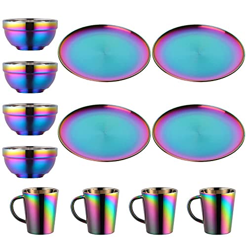 Buyer Star Teller- und Schalen-Sets mit Tassen, Edelstahlgeschirr, Schalen, Tassen, Küchengeschirr-Set, Service für 4 (Regenbogen, 23 cm Teller/13 cm Schüssel/Tassen) von Buyer Star