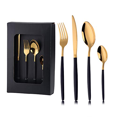 Schwarz-goldenes Besteck-Set aus Edelstahl, 4-teiliges Tafelgeschirr für den Alltag, 4 x Gabeln, 4 x Tafelmesser, 4 x Esslöffel, 4 x Teelöffel – Service 4 (Schwarz Gold) von Buyer Star