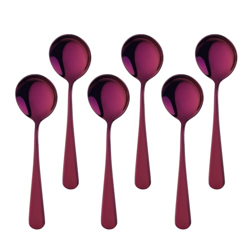 Suppenlöffel-Set, Edelstahl, Buyer Star Esslöffel, 6 Stück, rund, Dessertlöffel, Besteck, 16,3 cm, Edelstahllöffel für Müsli, Brei, Obst, Joghurt, spülmaschinenfest (6, lila) von Buyer Star