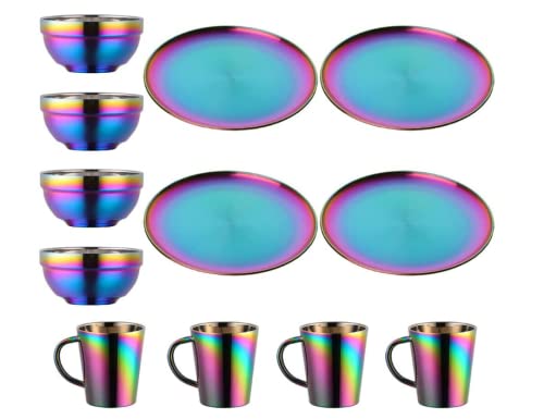 Teller- und Schalen-Sets, Edelstahl-Geschirr, Schalen, Tassen, Küchengeschirr-Set, Service für 4 (Regenbogen, 23 cm Teller/5,1 Zoll Schüssel/Tassen) von Buyer Star