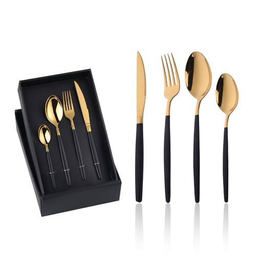 YDware Besteck Gold Schwarz, 16 Stück Schwarz Gold Besteck Set für Haus Küche Restaurant Gabeln Löffel Teelöffel Steakmesser Cutlery Set von Buyer Star