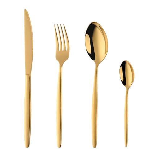 YDware Besteck Gold Besteck set 4-teilige Edelstahl Gabeln Löffel Teelöffel Steakmesser für 1 Personen Cutlery Set für Haus Küche Restaurant von Buyer Star