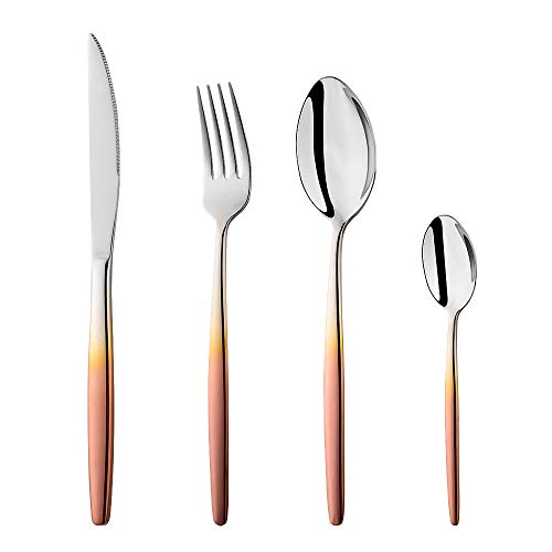 YDware Besteck Gradient RoseGold Besteck set 4-teilige Edelstahl Gabeln Löffel Teelöffel Steakmesser für 1 Personen Cutlery Set für Haus Küche Restaurant von Buyer Star