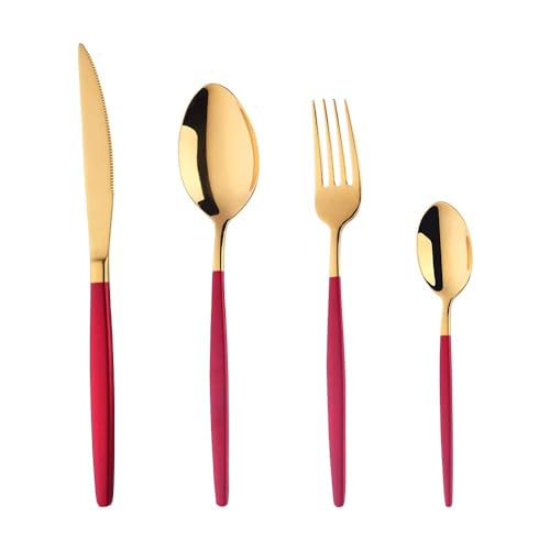 YDware Besteck Rotgold Besteck set 4-teilige Edelstahl Gabeln Löffel Teelöffel Steakmesser für 1 Personen Cutlery Set für Haus Küche Restaurant von Buyer Star