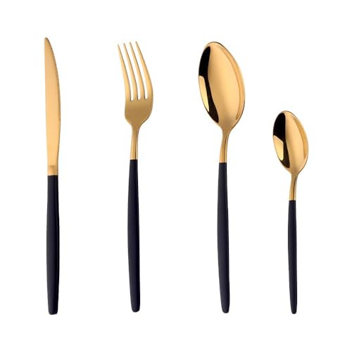 YDware Besteck Schwarzgold Besteck set 4-teilige Edelstahl Gabeln Löffel Teelöffel Steakmesser für 1 Personen Cutlery Set für Haus Küche Restaurant von Buyer Star