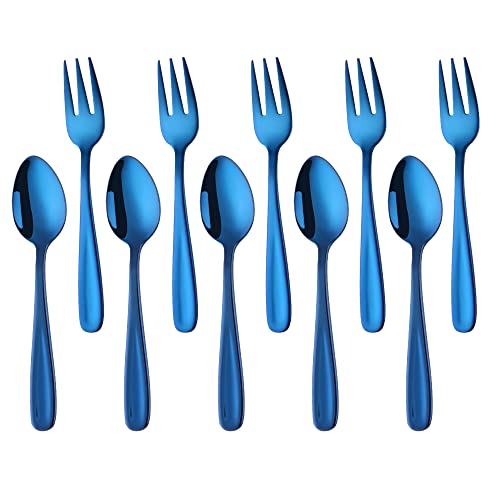 YDware Blau Klein Kuchengabeln Teelöffel Set 10 stück aus Rostfreiem Edelstahl 18/10 Espressolöffel Dessertgabeln Set, Obstgabeln Kaffeelöffel 136mm Läng, Wiederverwendbar von Buyer Star