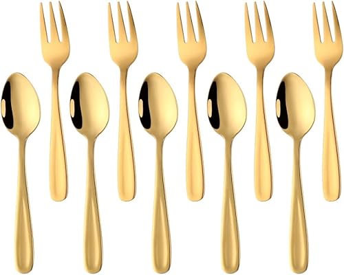 YDware Edelstahl Espressolöffel Klein Kuchengabeln Set, 10 stück Espressolöffel Dessertgabeln Set, Obstgabeln Kaffeelöffel 136mm Läng, Wiederverwendbar (Gold) von Buyer Star