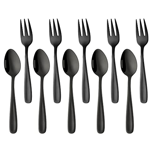 YDware Schwarz Klein Kuchengabeln Teelöffel Set 10 stück aus Rostfreiem Edelstahl 18/10 Espressolöffel Dessertgabeln Set, Obstgabeln Kaffeelöffel 136mm Läng, Wiederverwendbar von Buyer Star